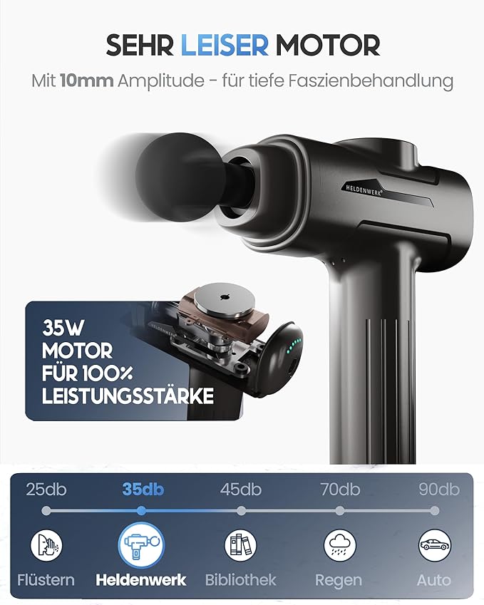 Heroism Pistolet de massage avec 6 têtes de massage - Masseur musculaire 3200 rpm, rechargeable par USB-C - Gris