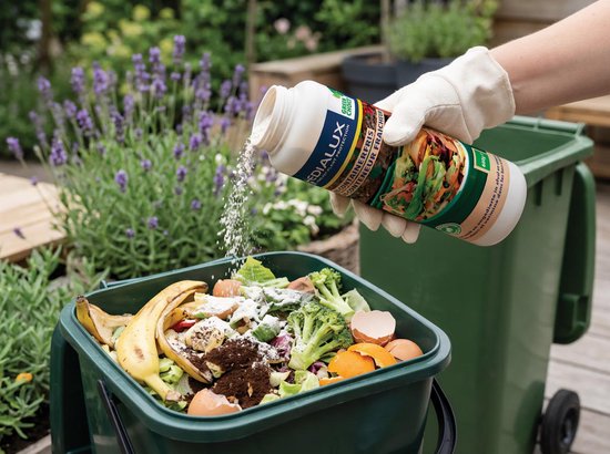 Edialux Bio-Containerfris : poudre à saupoudrer contre les odeurs et les asticots, pour bacs à déchets verts, conteneurs à déchets verts et bacs à compost ; absorbe l'humidité, aide à lutter contre la moisissure et la pourriture ; parfum de lavande ; 600