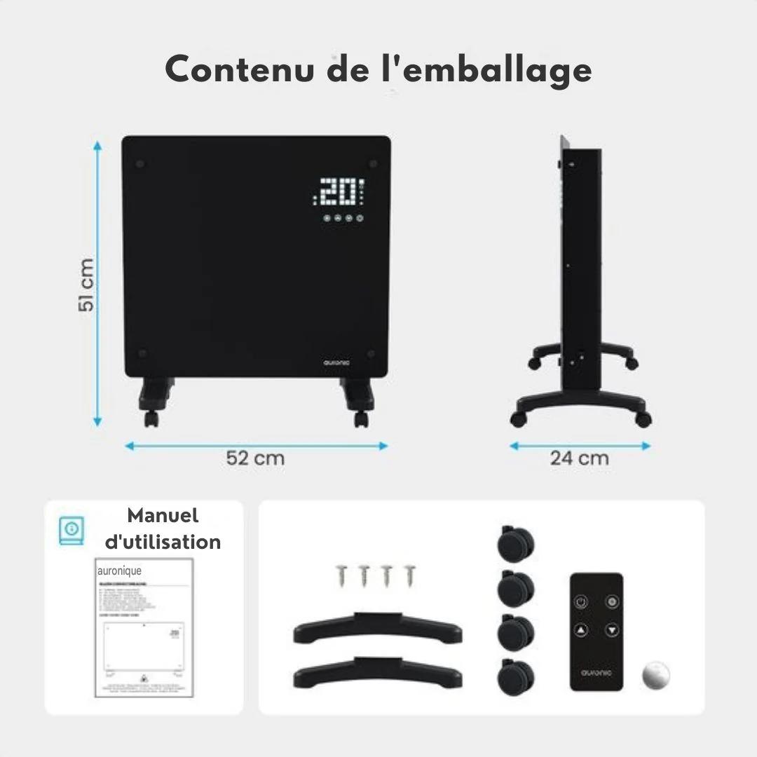 Radiateur électrique Auronic - avec thermostat et télécommande - à panneaux en verre - Radiateur 1000 W - Noir