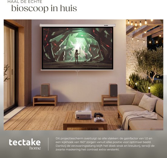 Écran de projection tectake® - 72 pouces (183 cm) - Écran de projection 16:9 - Fixation murale ou au plafond - 4K HD - Enroulable - Déployable - Toile de projection - Écran de présentation - Home cinéma - Matériel de fixation inclus