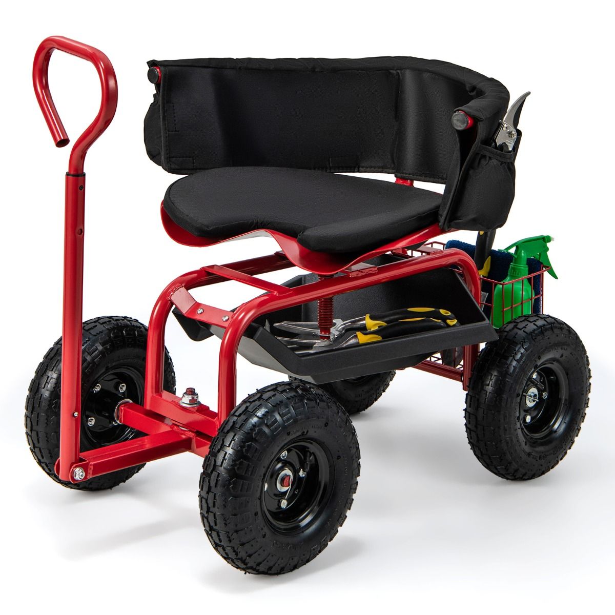 Chariot de jardin Coast avec siège à roulettes - poignée télescopique - espace de rangement - rouge