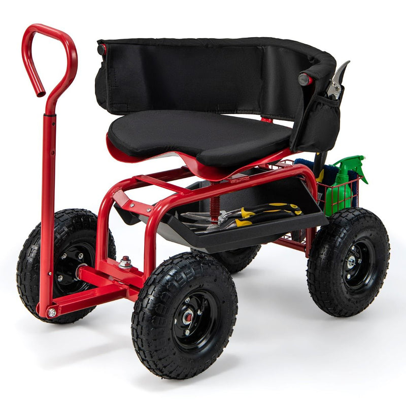 Chariot de jardin Coast avec siège à roulettes - poignée télescopique - espace de rangement - rouge