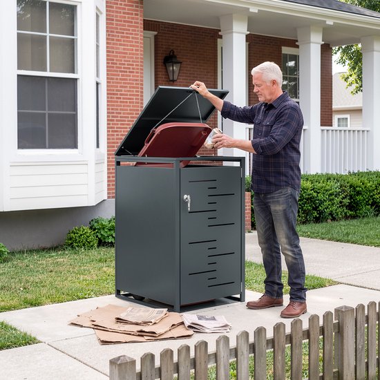 Armoire à poubelles SoBuy - Armoire à poubelles en métal gris foncé avec serrure et porte perforée - Toit rabattable | OGS63-DG