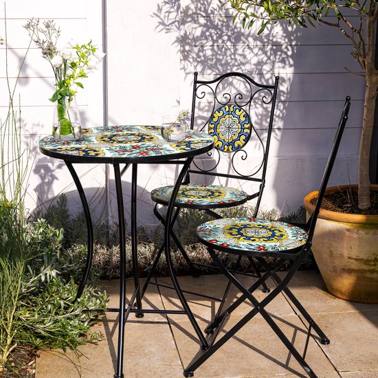 Chaises de bistrot AXI Amélie – Pliantes – Classiques multicolores – Chaises de jardin pliantes en métal – Dossier haut – Lot de 2 pièces – Effet mosaïque – Incrusté de carreaux de céramique – Capacité de charge de 150 kg – Jardin, terrasse ou balcon