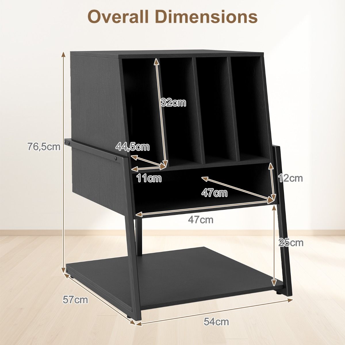 Meuble pour platine vinyle Coast - meuble pour platine vinyle avec espace de rangement - roulettes ou pieds réglables - noir/marron rustique - 54 x 57 x 76,5 cm