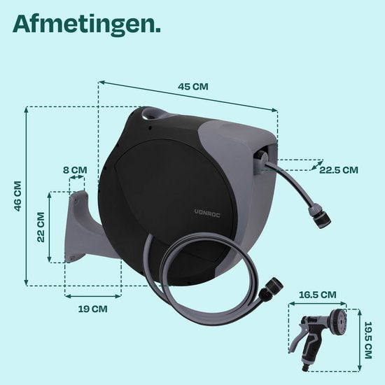 Enrouleur de tuyau automatique VONROC – boîtier mural – Avec tuyau d'arrosage haut de gamme de 30 m, pistolet d'arrosage à 8 jets et raccords – noir/gris
