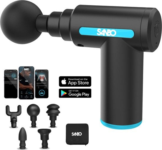 Sanbo Massage Gun Mini - Appareil de massage sportif et de relaxation - puissant - sans fil - étui inclus - avec 5 accessoires - noir/bleu - Massage Gun Professional