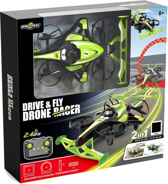 Gear2Play Drive & Fly Drone Racer vert - Drone 2-en-1 qui roule et vole - Accessoires de figures et batterie rechargeable inclus