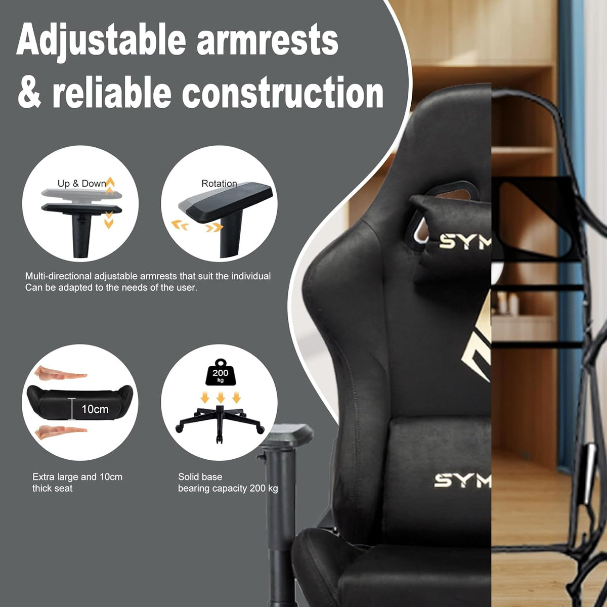 Fauteuil gaming Symino en tissu doux avec repose-pieds, noir