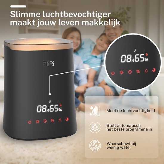MiRi Nimbus - Humidificateur - Humidificateur - 4.5L - Humidimètre - Ioniseur - 50m² - Ultrason - Télécommande - Commandes tactiles - Aromathérapie