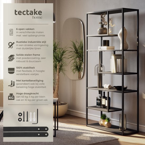 tectake® Armoire murale Venda - 85 x 35 x 188 cm - aspect industriel - cadre en acier - armoire avec protection contre le basculement - bibliothèque avec 6 compartiments asymétriques - armoire de rangement moderne pour le salon, la cuisine ou la chambre à