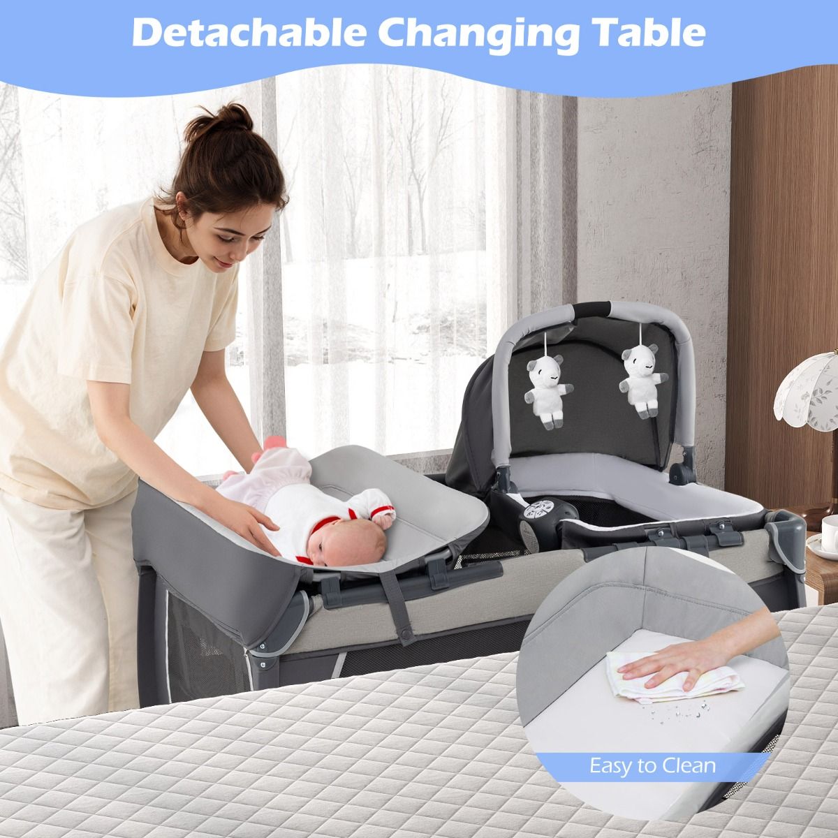 Lit de voyage 5-en-1 Coast pour bébés - Lit pliable avec table à langer et panier de rangement - Sac de transport inclus - Gris