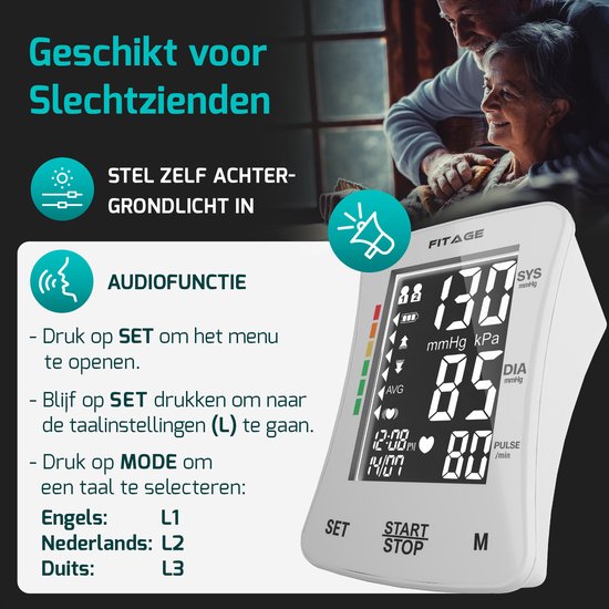 FITAGE Medical Tensiomètre pour le bras - Tensiomètres - Cardiofréquencemètre - Tensiomètre - Brassard 22-42cm - BLANC