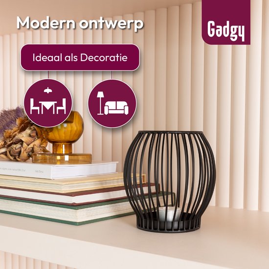 Bougeoir rond Gadgy - Petit bougeoir - Décoration de salon - Éclairage d'ambiance d'intérieur - Bougeoirs pour bougies chauffe-plat 14,5 x 15 cm - Photophore en métal - Noir - Cadeau pour femme