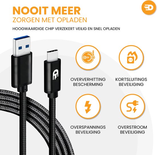 Drivv. Câble USB vers USB C - Chargeur rapide - Câble de données et de charge USB C - 2 mètres - Convient à Samsung, iPhone 15 et autres - Noir