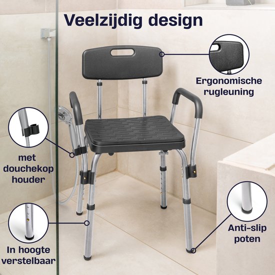 Sanicraft® Chaise de douche - Tabouret de douche avec accoudoir et support de pommeau de douche - chaise et tabouret en 1 - hauteur réglable - pieds antidérapants - argenté