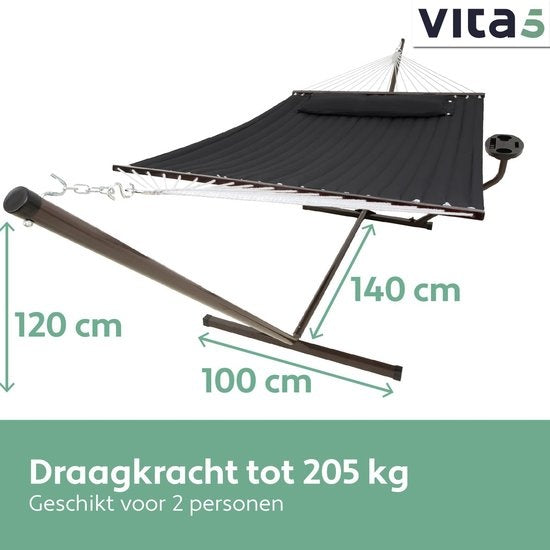 Vita5 Hangmat met Standaard en Spreidstok – 2 Persoons - Incl. Bekerhouder en Afneembaar kussen – UV-bestendig – Zwart