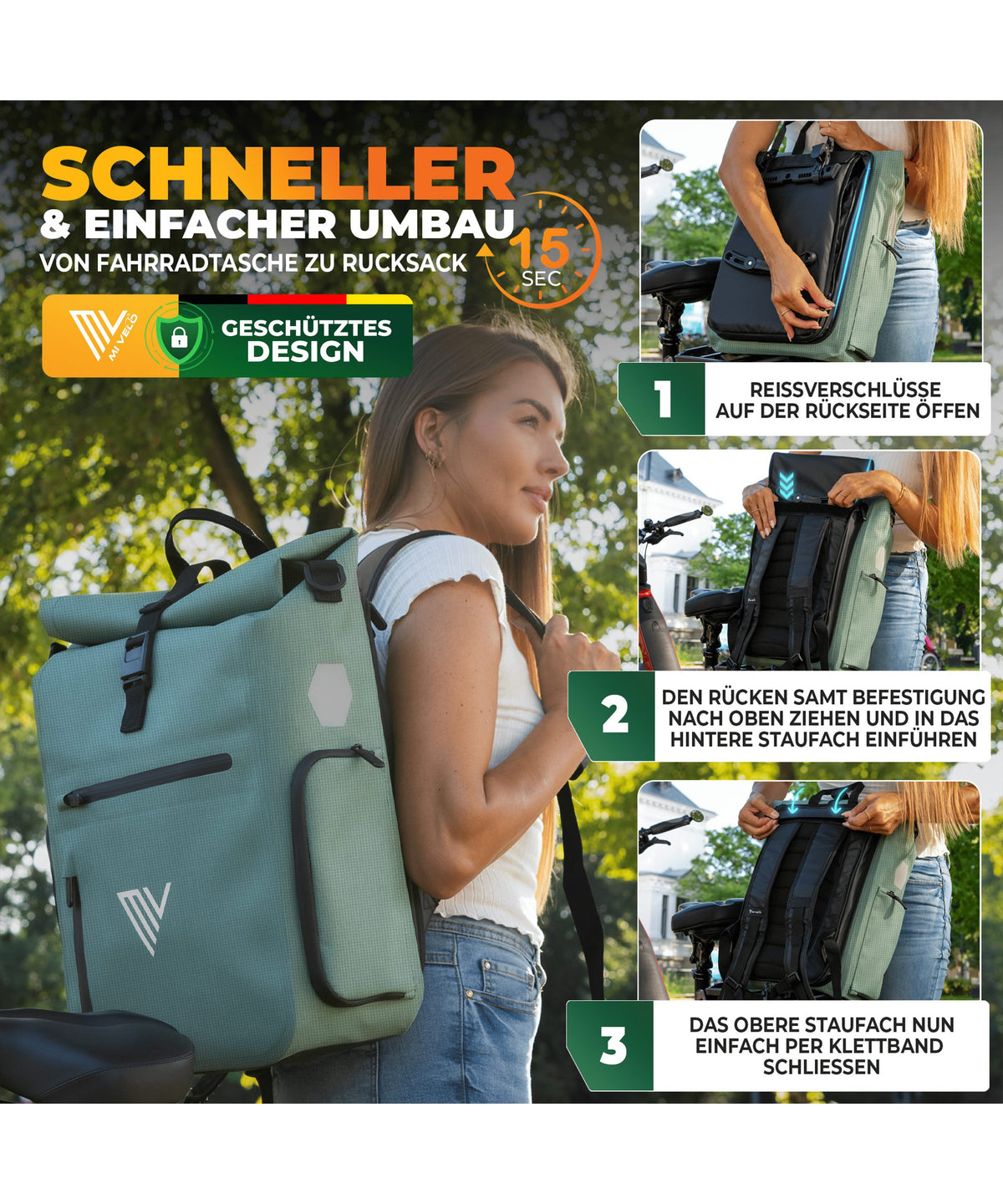 Sac de vélo MIVELO EVO 3-en-1 20 litres - Imperméable - Sac à dos et sac à bandoulière