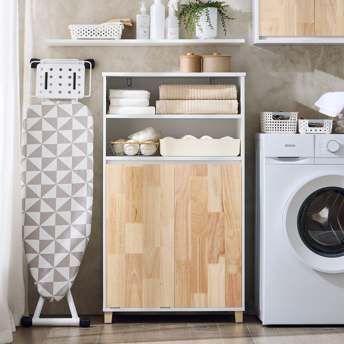 SoBuy BZR143-WN Meuble de salle de bains avec lavabo amovible, 3 plateaux de rangement et panier à linge - Blanc, 64x33x110 cm