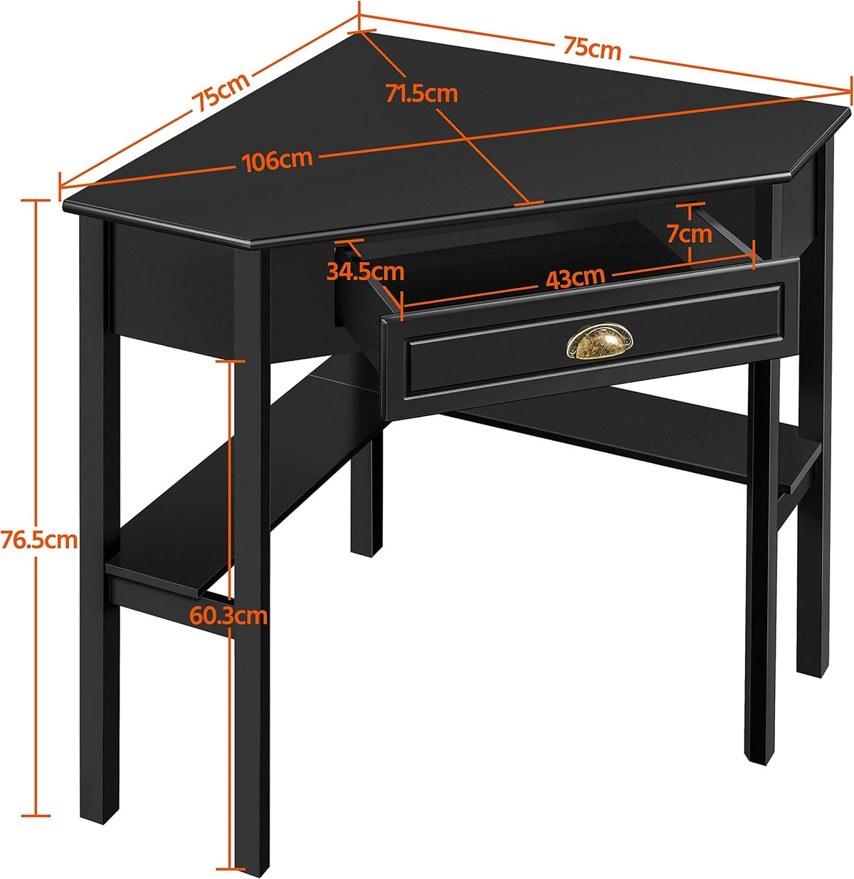 Bureau d'angle Yaheetech 106 × 71,5 × 77 cm – avec tiroir et étagères, noir