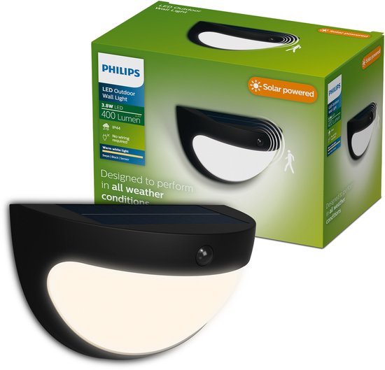 Applique murale Philips Swyn Solar - Énergie solaire - Lumière blanc chaud : 2700 K - Noir - Deux modes d'éclairage - Capteur crépusculaire - Détecteur de mouvement - IP44 : résistante aux intempéries - Éclairage extérieur solaire