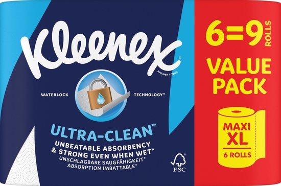 Papier essuie-tout Kleenex - Rouleau de cuisine Ultra Clean - 6 rouleaux Maxi XL - Lot économique