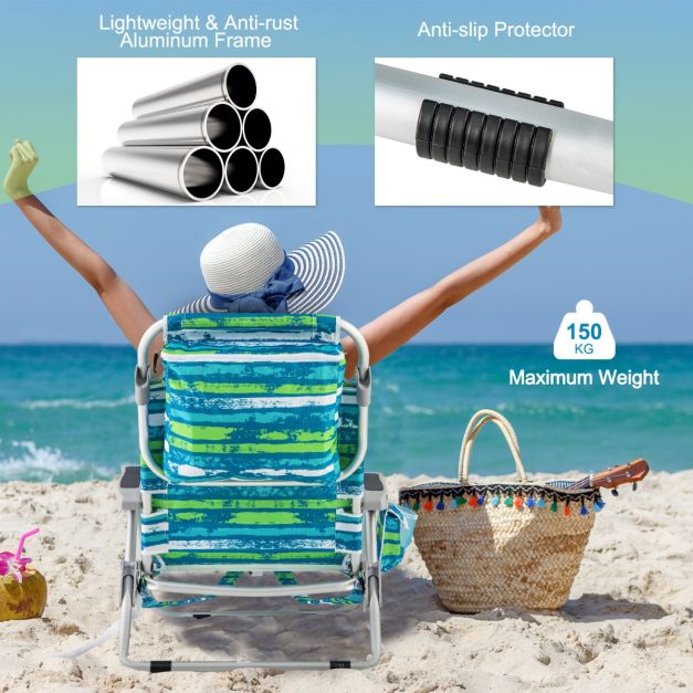 Chaise de plage confortable Coast avec dossier réglable en 5 positions, pliable, structure légère en aluminium, porte-gobelet et compartiments de rangement - Bleu/Vert, 66x65x78 cm