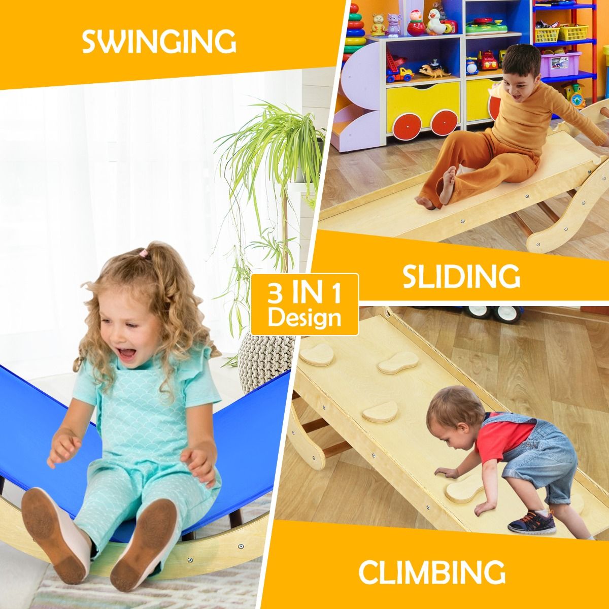 Ensemble d'échelle d'escalade 3-en-1 Coast pour enfants - Arche avec rampe d'escalade et balancelle - naturel + bleu