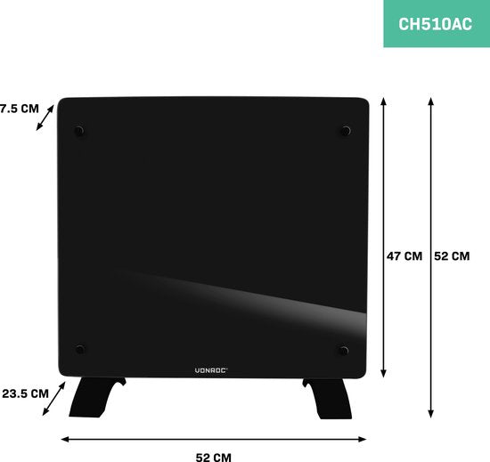 VONROC Chauffage électrique de luxe - Convecteur avec panneau en verre - 500W/1000W - Chauffe les pièces jusqu'à 12m2 - Contrôlé par l'application (via Wifi) et manuellement - Thermostat et minuterie réglables - Noir