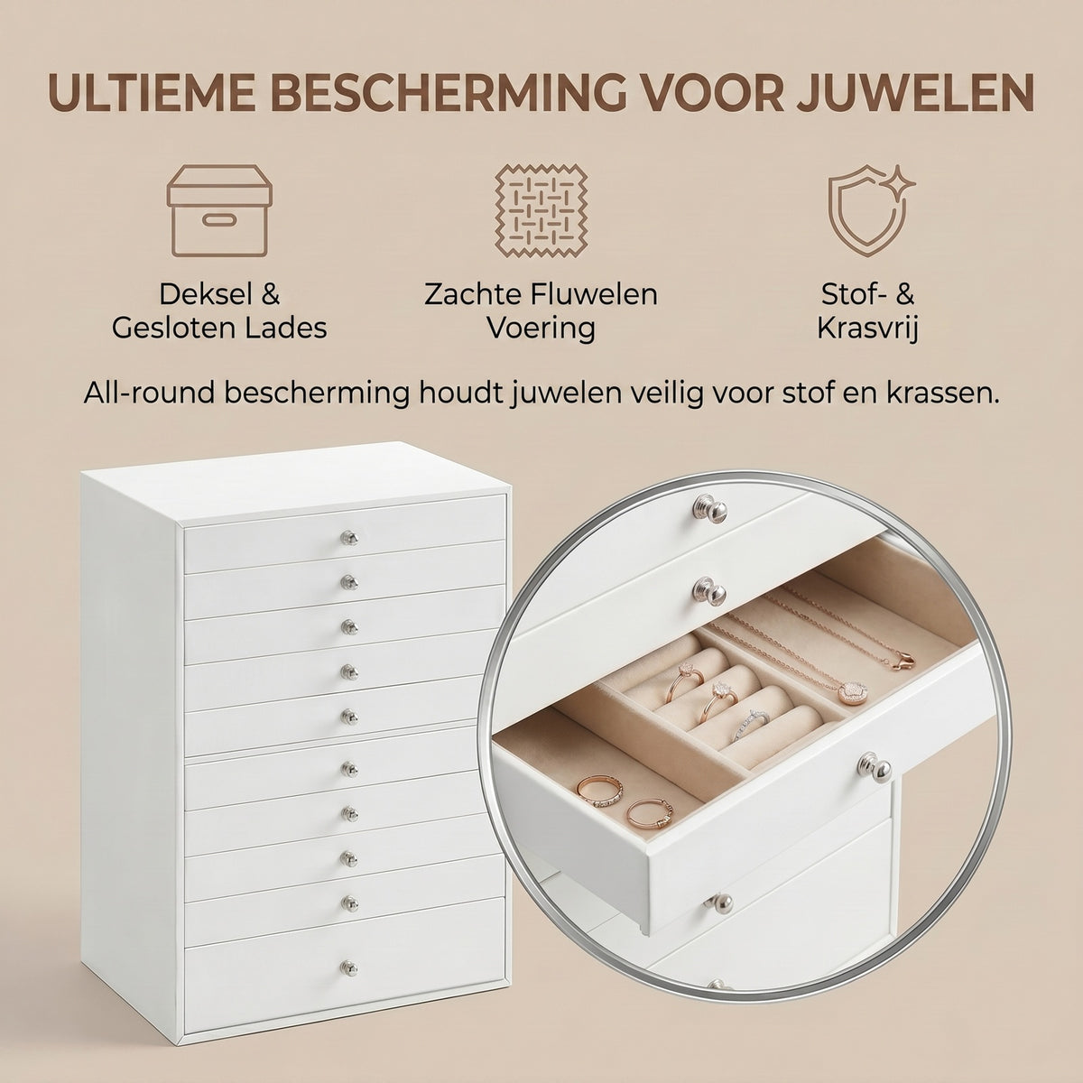 JOYFURNOS Organiseur à bijoux avec tiroirs, grande boîte de rangement, idée cadeau moderne pour la chambre à coucher, 10 étages, blanc