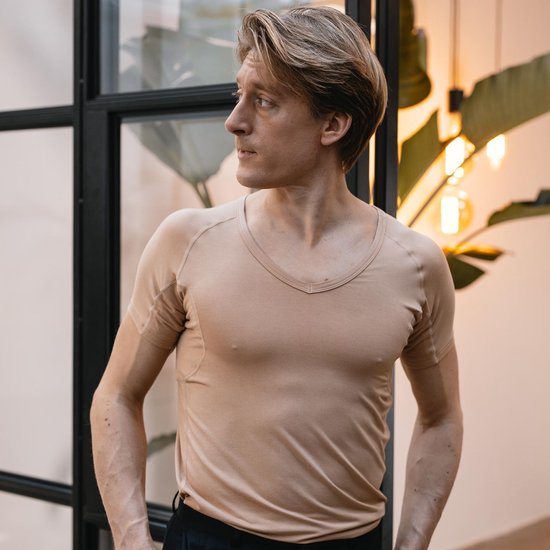 Tshirt anti transpiration - Fibershirts® - Coussinets d'aisselles cousus - Maillot de corps - beige - Col en V - Hommes - Taille S