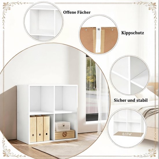 Étagère FloraGrace – Étagère ouverte à 4 compartiments – 59,6 x 59,8 x 29,5 cm – Bois – Blanc – Meuble de rangement sur pied pour le salon ou le bureau