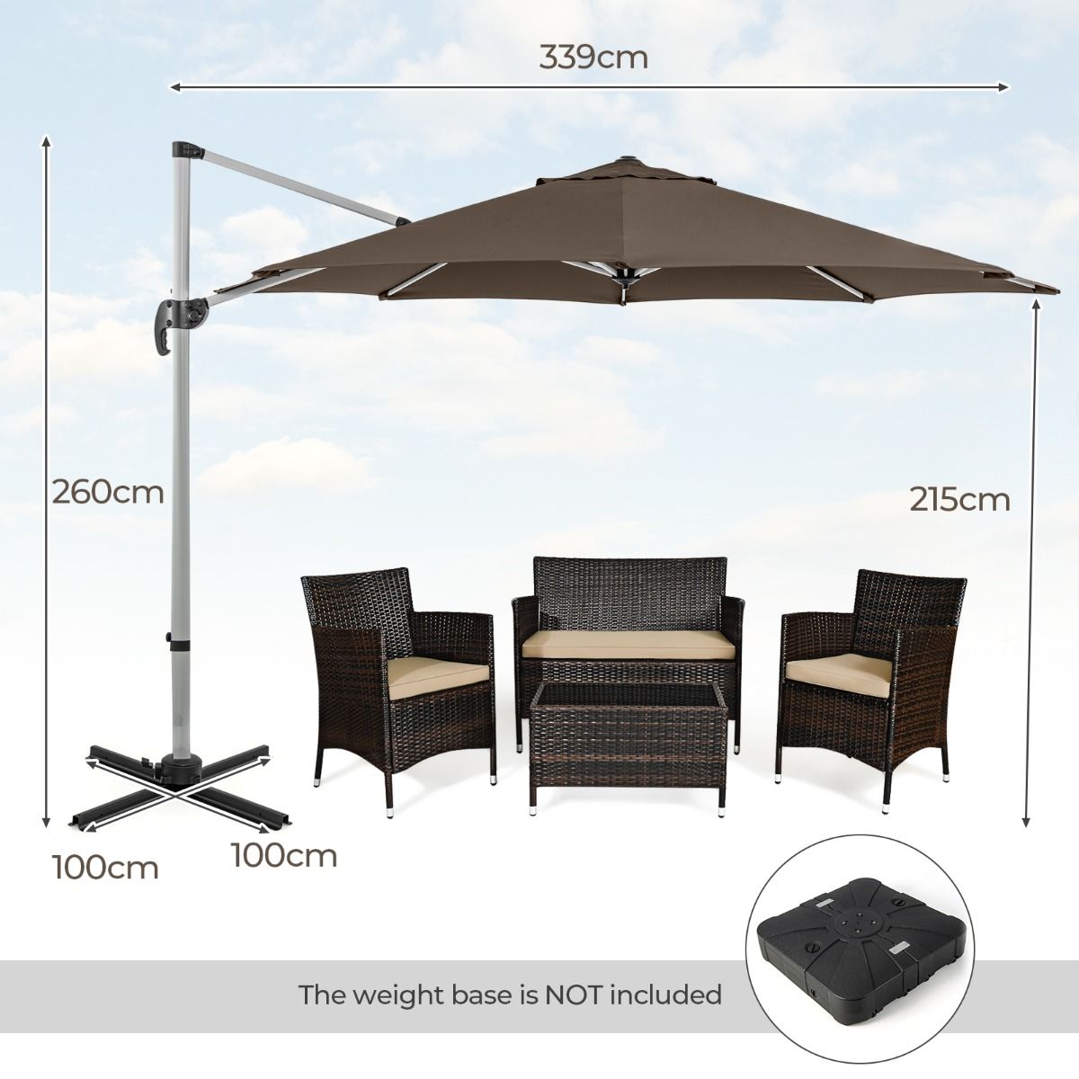 Parasol suspendu Coast - Rotation à 360° - Inclinaison réglable - Marron/Beige - 339 x 260 cm