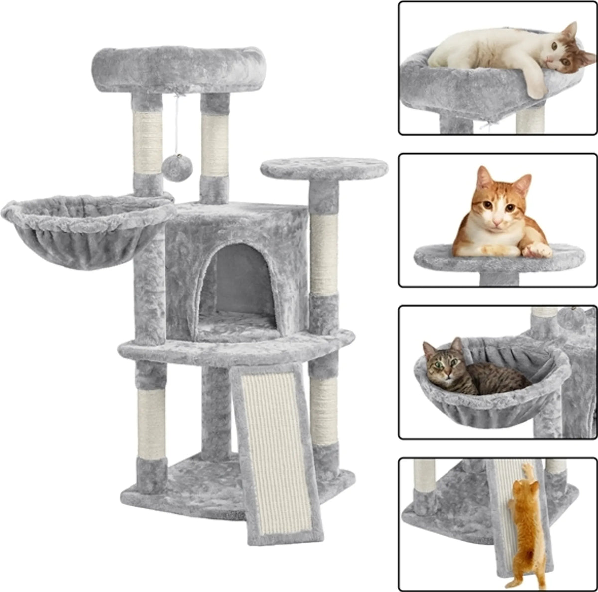 Yaheetech Cat Post With 5 Sisal Poles - Equipped With Padded Viewing Platform And Hammock And Cat Burrow - For 2 To 3 Small And Medium Cats - Light Grey Plush And Metal - 43,5 x 43,5 x 106 cm