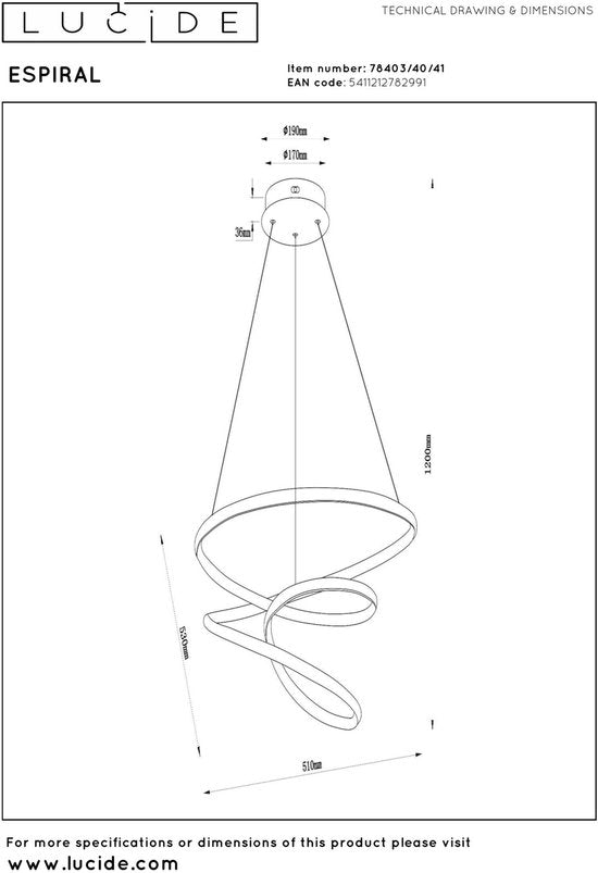 Lucide ESPIRAL - Suspension - LED à intensité variable - CCT - 1x40 W 2700 K/4000 K - Taupe - Essential