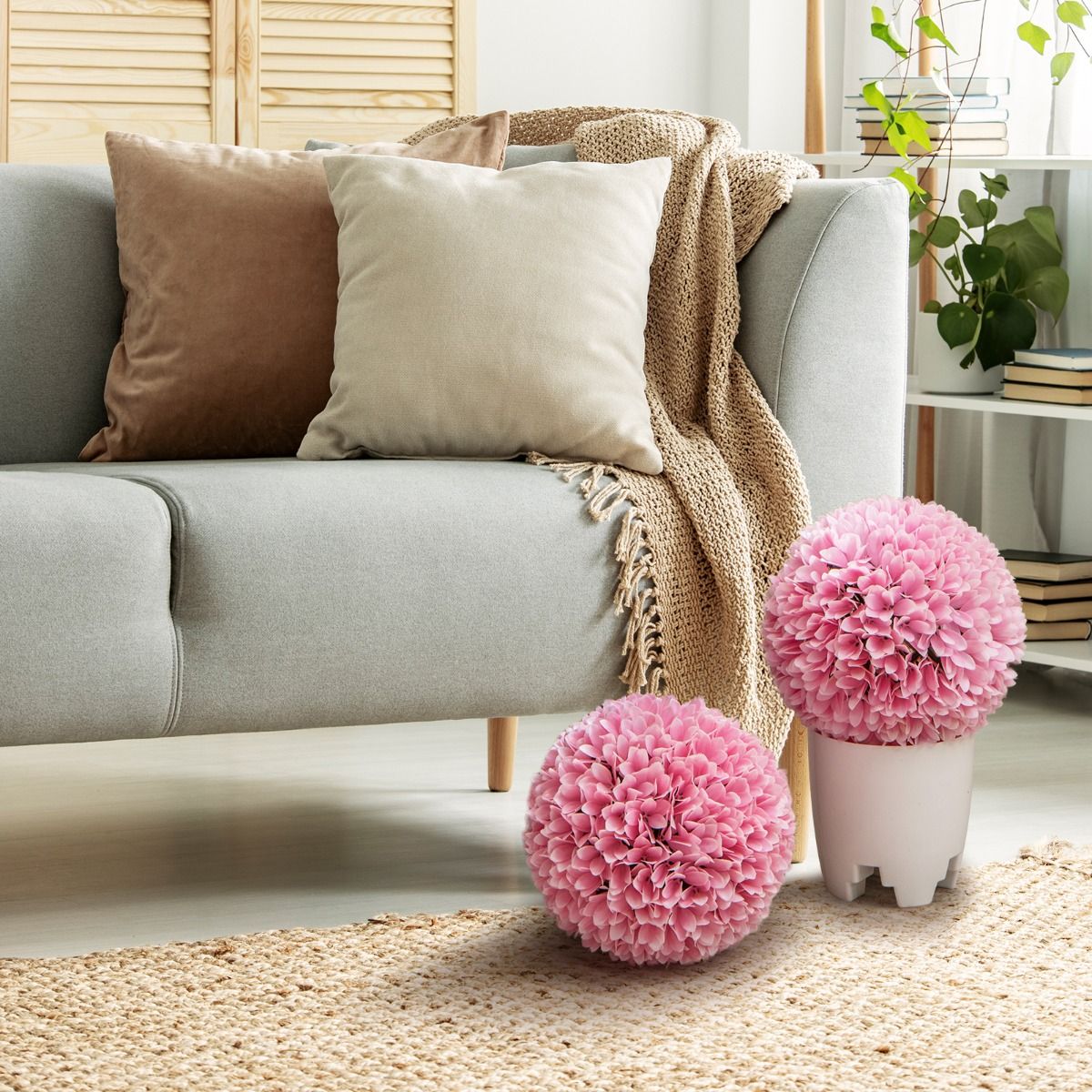 Coast - Lot de 2 boules de buis artificielles - feuillage réaliste - sans entretien - vert/rose - 28 cm