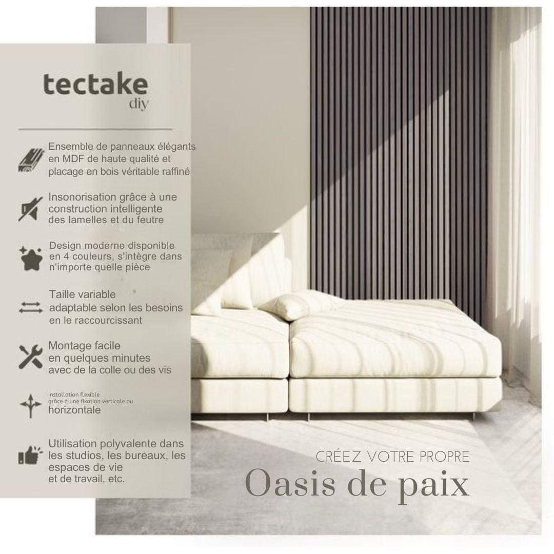 Panneau mural acoustique tectake®  - Lot de 2 - 60 x 120 cm - 1,44 m² - taille réglable - lattes en MDF et placage bois - Insonorisation - Décoration - Assemblage facile - Chêne gris clair