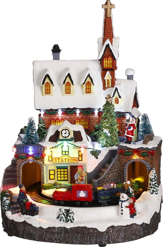 LuVille Village de Noël Gare miniature - L24 x L24 x H33 cm - Multicolore