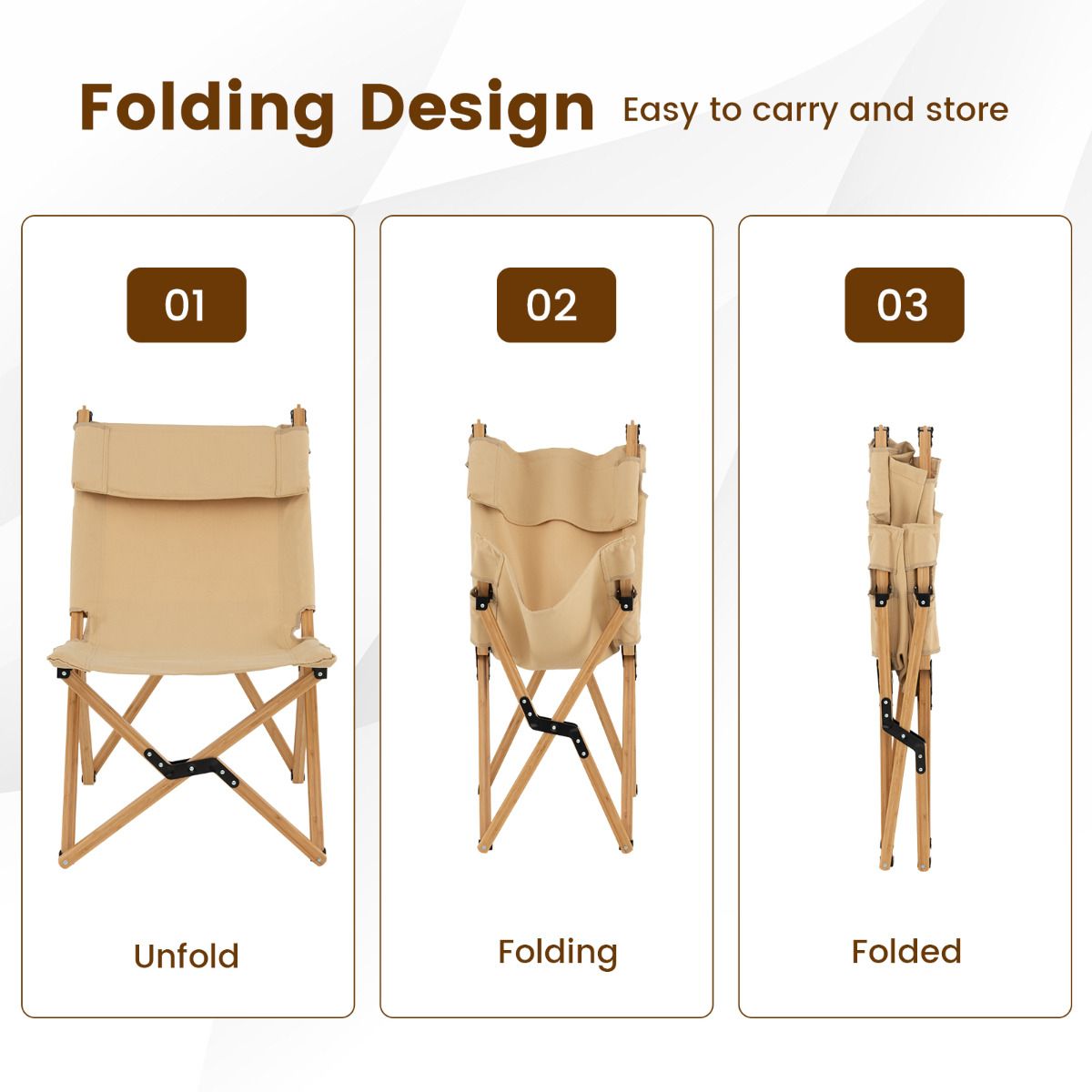Chaise de camping pliable Coast - Structure en bambou - Dossier réglable - Sac de transport inclus - Couleur naturelle