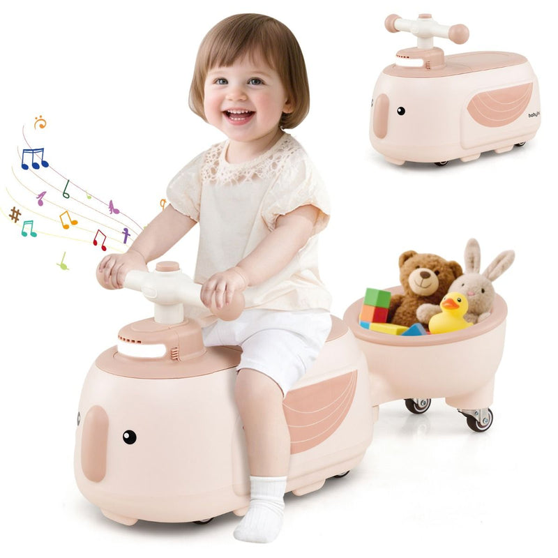 Voiture à pédales Coast avec remorque - Chansons et lumières - Espace de rangement - Beige et rose