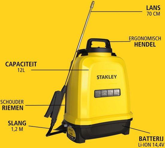 Pulvérisateur à pression Stanley 12 L arrière, pulvérisateur arrière jardin, pulvérisateur à pression, électrique, batterie rechargeable lithium, lance télescopique, buse réglable, autonomie 2 h, max 5 bar, 0.60 l/minute, jaune/noir