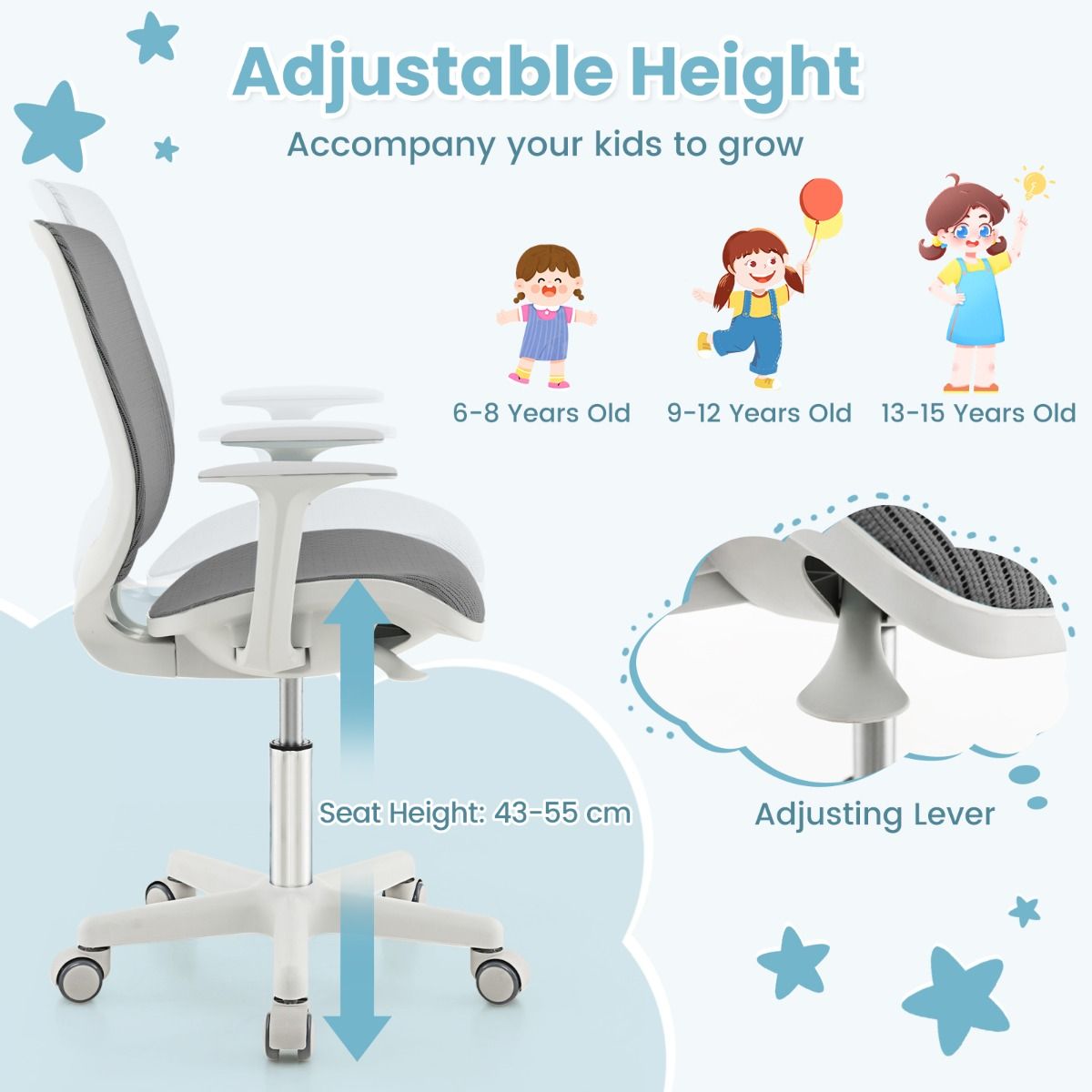 Chaise de bureau pour enfant Coast - réglable en hauteur - conception ergonomique - grise