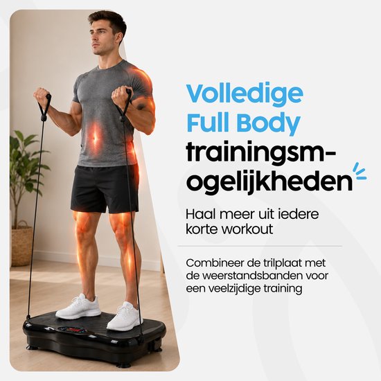Infinity Goods Plateforme vibrante Premium - Plateforme vibrante de fitness - Bandes de résistance et poignées incluses - Powerplate - 5 programmes d'entraînement - 99 niveaux de vitesse - Musique via Bluetooth - Noir