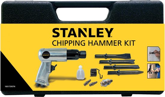 Stanley Pneumatic chisel hammer set, puissant travail de démolition avec 4 burins, connecteurs rapides et étui de rangement