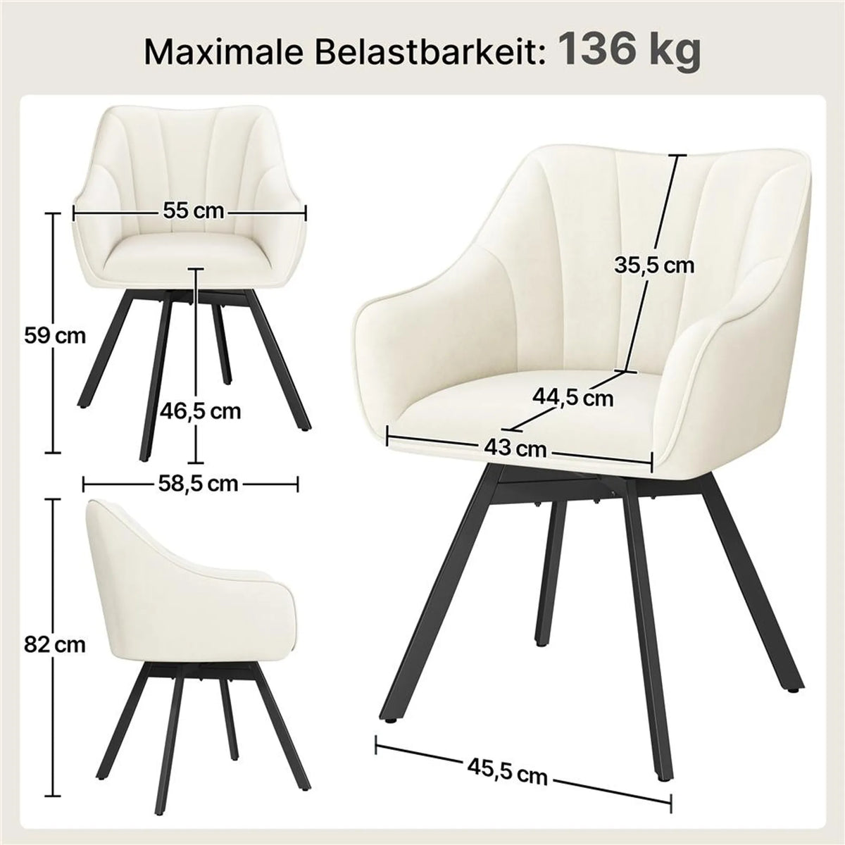 Chaise de salle à manger pivotante à 360° Yaheetech en velours, 55 x 58,5 x 82 cm – Beige élégant – Polyester et métal