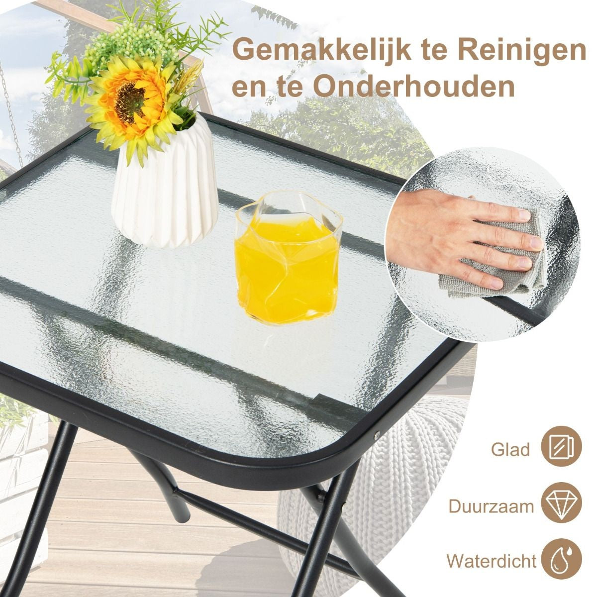 Coast Terrace table d'appoint table carrée en verre avec cadre en inox table basse pliante noire