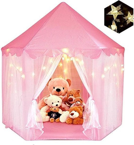 Château de princesse 55" x 53" - Tente de jeu - Salle de jeux pour filles - Salle de jeux pour enfants - Jeux d'intérieur et d'extérieur - Rose - Livrée avec éclairage LED