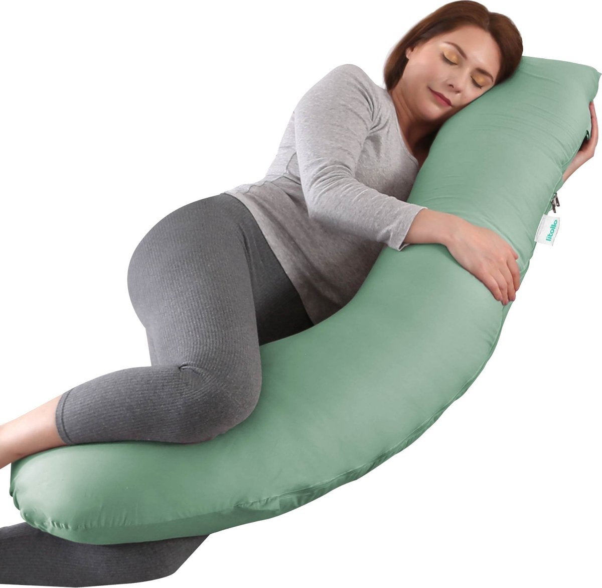 Litollo Zwangerschapskussen J-vorm - Voedingskussen 145 cm - Zijslaapkussen Groen - Lichaamskussen met Afneembare hoes - Borstvoedingskussen - Body Pillow