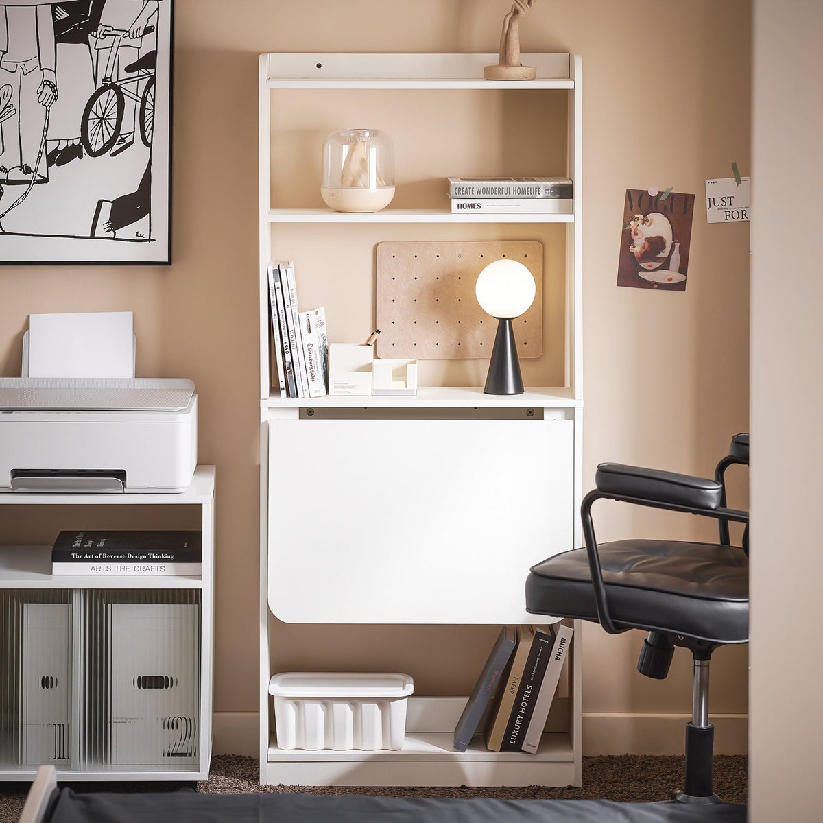 SoBuy FWT92-H-W Table d'écriture et d'ordinateur pliable avec 5 étagères - blanc, 64 x 145 x 58 cm