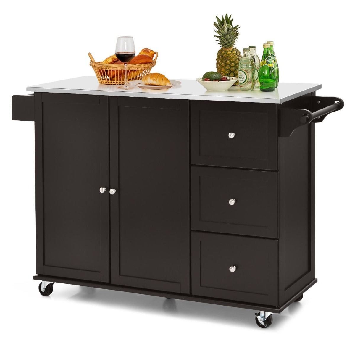 Chariot de cuisine et de service Coast - Acier inoxydable - Îlot de cuisine à 3 tiroirs - 135 x 45,5 x 91,5 cm - Marron/Blanc/Noir